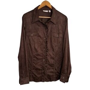 Susan Graver Womens Top XL Brown Faux Suede Button Ruffle Western Country Ranch